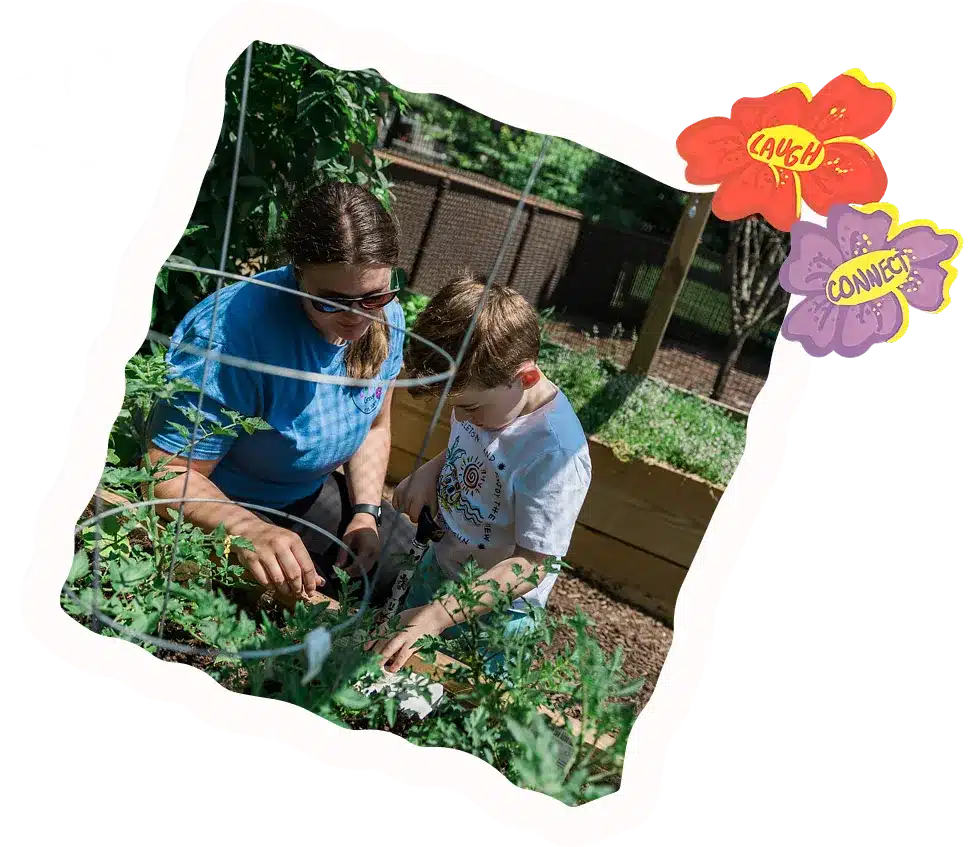 A woman and a boy gardening.